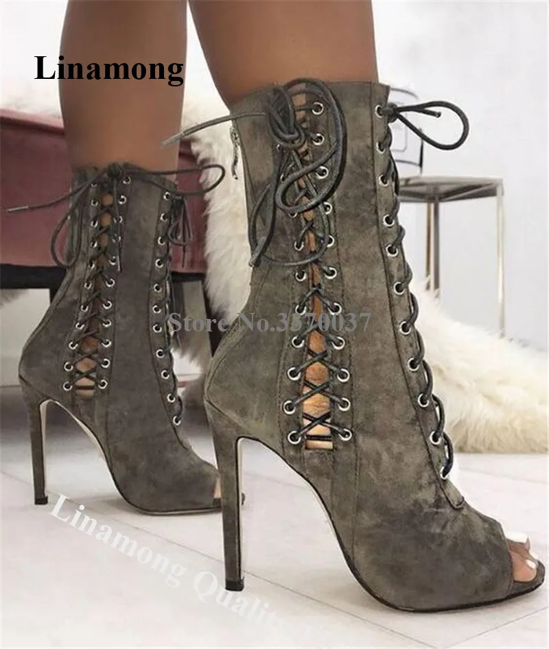 New Fashion Women Peep Toe Suede Leather Stiletto Heel Short Gladiator Boots Cut-out Green Black Lace-up High Heel Boots Heels