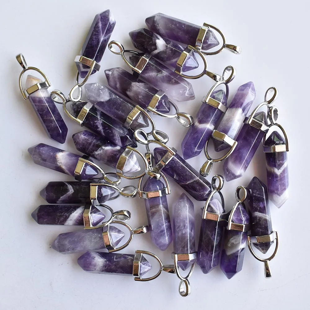 Modische, hochwertige Naturstein-Streifen-Amethyst-Säulenanhänger für die Schmuckherstellung, 24 Stück/Lot, Großhandel, kostenloser Versand. – Detail 2