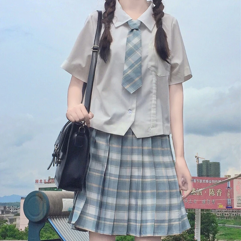 

JK Uniform Suit Female Summer Japanese Polo Collar Student White Shirt + Plaid Pleated Skirt Sailor Suit school girl uniform