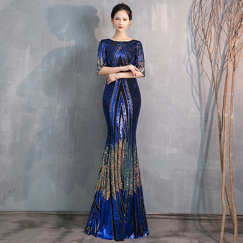 Wei yin AE0370 abito da sera blu lungo Sparkle mezza manica o-collo donna elegante paillettes sirena Maxi abito da sera abito da sera