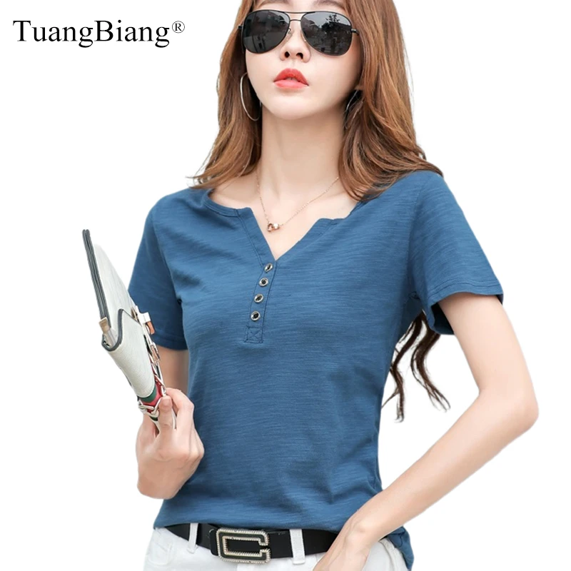 

Short Sleeve Summer Women 2023 Slub Cotton T-shirts Female Button Loose Casual Fashion T-shirts Blue Sexy Deep V-Neck Korea Tops