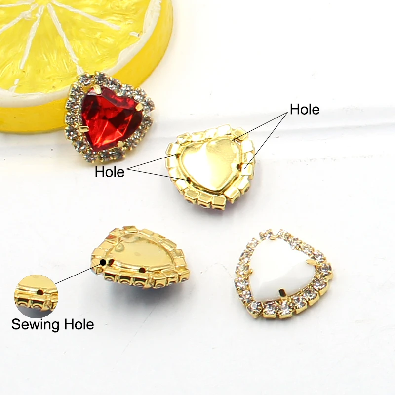 10Pc 18mm Gold Heart Metal 4-Hole Sewing Buttons Acrylic Rhinestone Heart Wedding Decoration DIY Hairpin Scratch Book Handcrafts