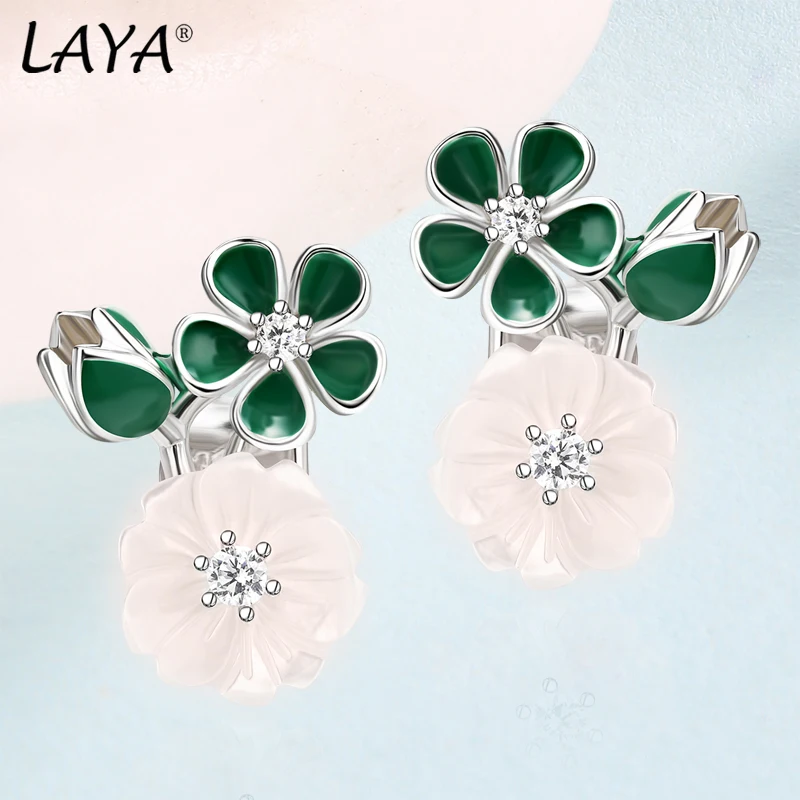 LAYA 925 Sterling Silver Shining Zircon White Pink Flower Green Leaf Enamel Necklace Earrings Ring For Bridal Wedding Jewelry