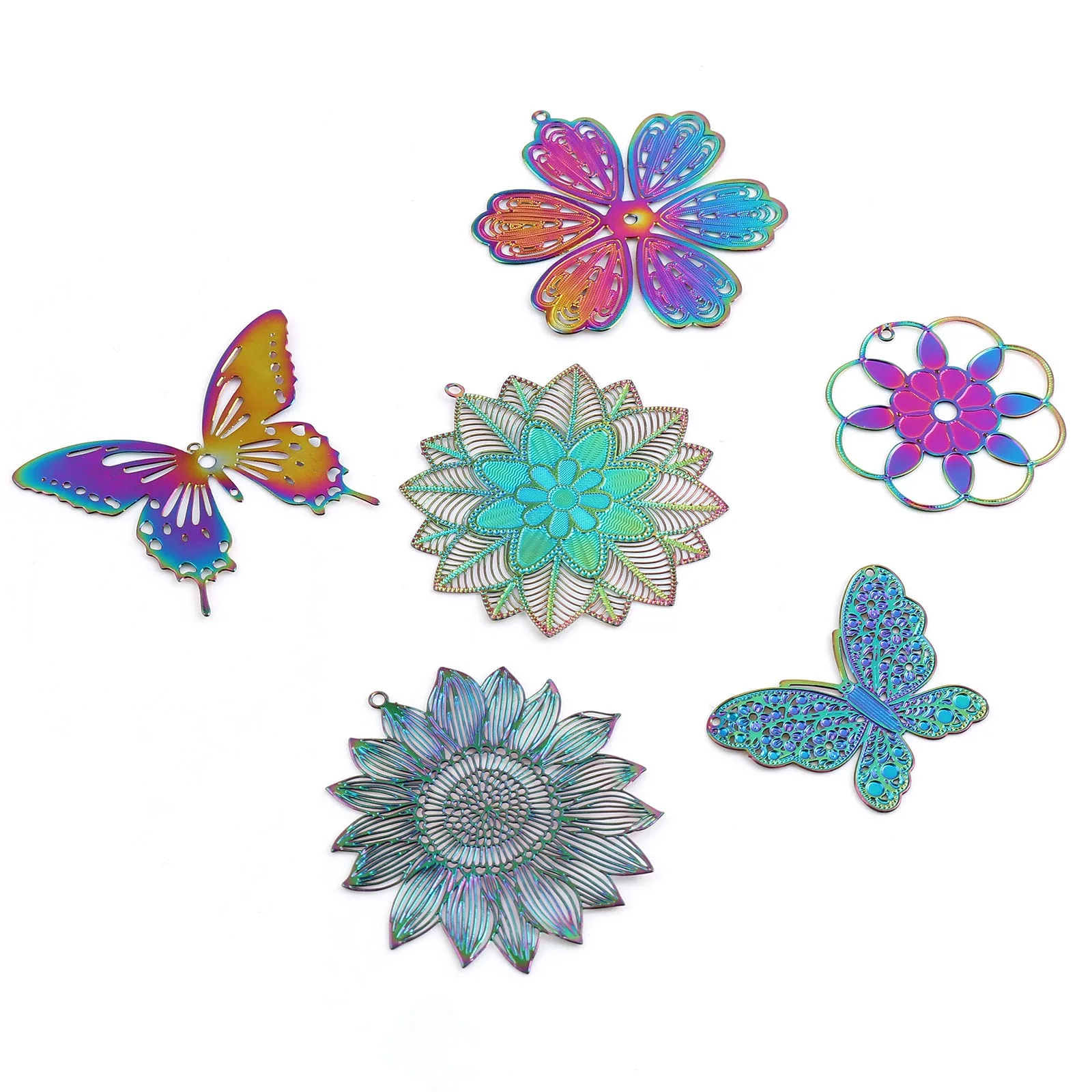 Iron Alloy Filigree Stamping Pendants Multicolor Flower Butterfly Hollow Metal Charms DIY Making Necklace Fashion Jewelry,5PCs