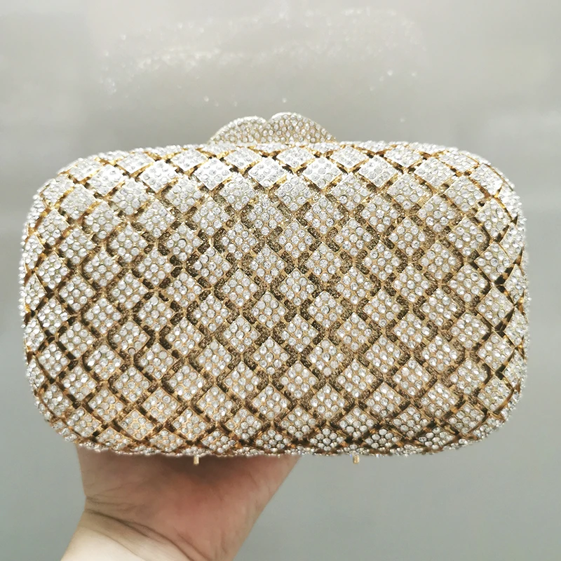 

Hollow Out White/Clear Crystal Evening Bag Lady Clutch Minaudiere Women Party Wedding Diamond Gold MetalHandbag Bridal Purse