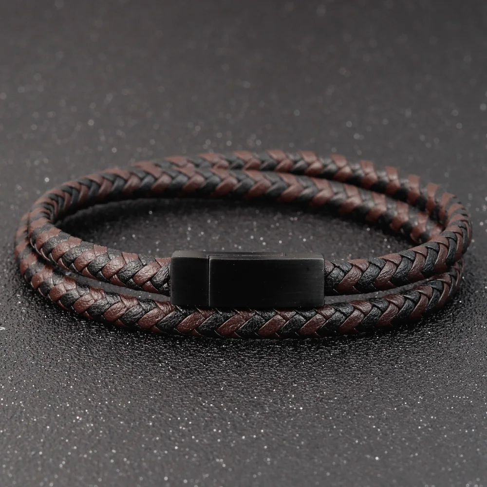 Fashion Unisex Multi-layer Woven Leather And Stainless Steel Combination Men\'s Leather Bracelet Black Brown Male Jewelry Gift