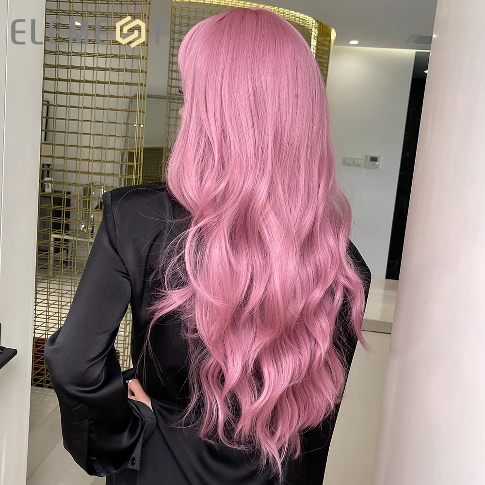 Element Long Natural Wavy Pink Hair Wigs with Bangs for Women Synthetic Cosplay Party Daily Use Heat Resistant