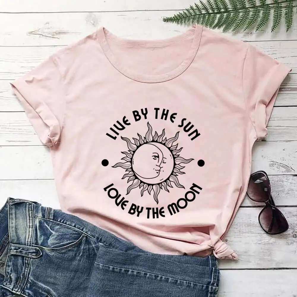 

Live By The Sun Love By The Moon 100%Cotton Print Women Tshirt Moon and Sun Graphic Print Summer Casual T Shirt Nature Shrit