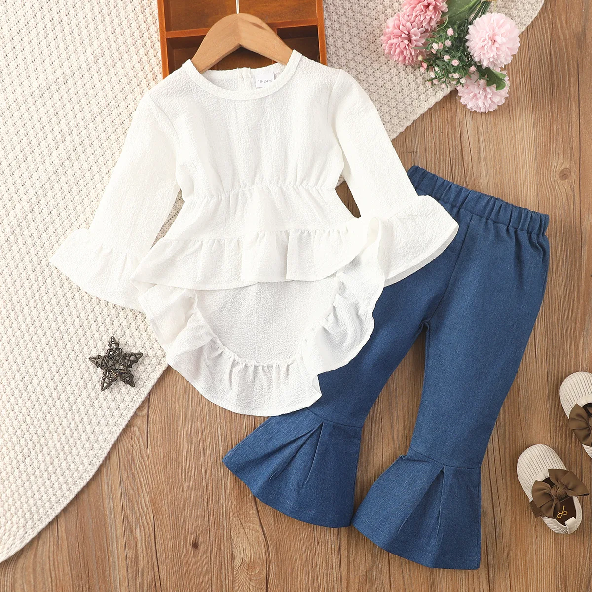 Spring Infant Girl Clothing Sets White Ruffle Tops Blouse Bell-Bottoms Flare Pants Outfit Baby Girl Princess Dress Set Girl Suit