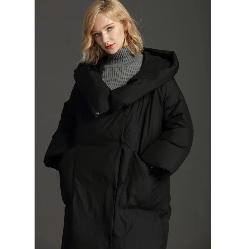 Chaqueta larga de plumón de pato para mujer, abrigo holgado con cuello de almohada, con capucha, cálido y elegante, de gran tamaño, para invierno,