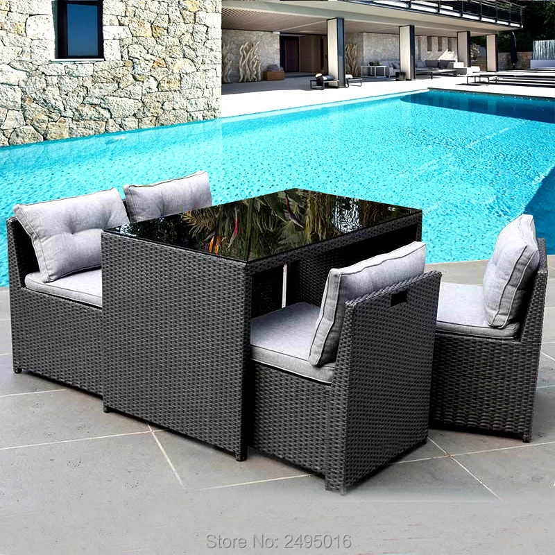 5pcs Rattan sectional dining table and chair set in garden wicker sets indoor and outdoor  with cushion customized