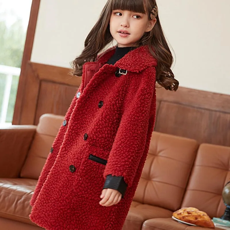 Lamb Wool Girls Baby\'s Kids Coat Jacket 2022 Thicken Winter Autumn Fur Teenage Mid-Length Buttons Outerwear Children\'s Clothing