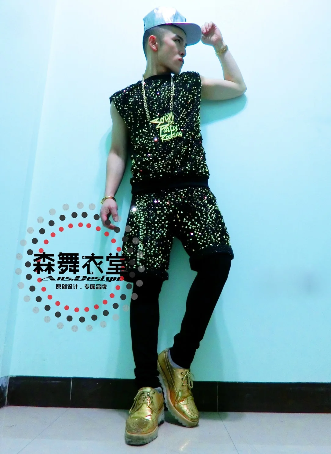 Bar and nightclub male singer dj Quan Zhilong GD same paragraph black gold sequined space cotton vest suit costume