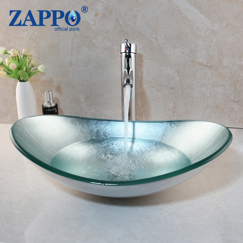 ZAPPO Bathroom vessel sink Artistic Tempered Glass Oval Vessel Sink Above Counter with Chrome Faucet and Pop-up Drain Combo