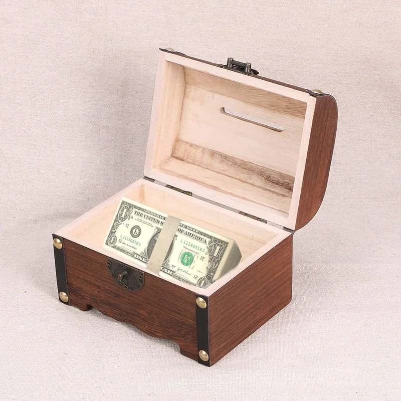 Storage Box Piggy Bank Retro Treasure Storage Box with Lock Household Retro Wooden Coin Box Treasure Box Gift