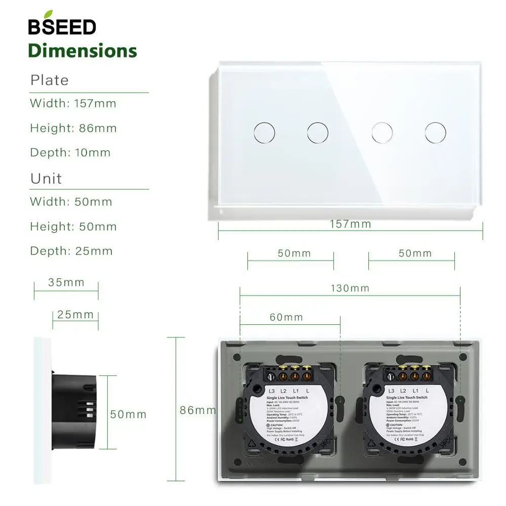 Bseed 4Gang 1Way Wall Touch Switch Double 2Gang Light Switch White Black Golden Crystal Class Panel Waterproof Switch Backlight
