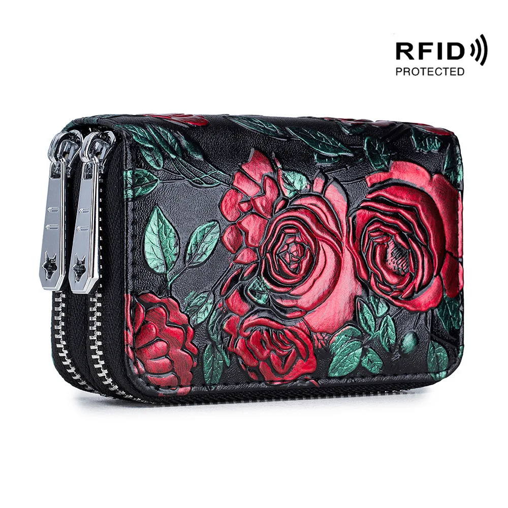 RFID Blocking Women Card Holder Split Leather Double Zipper Card Case Large Capacity 3D Flower Printed Lady Women Wallets Purse