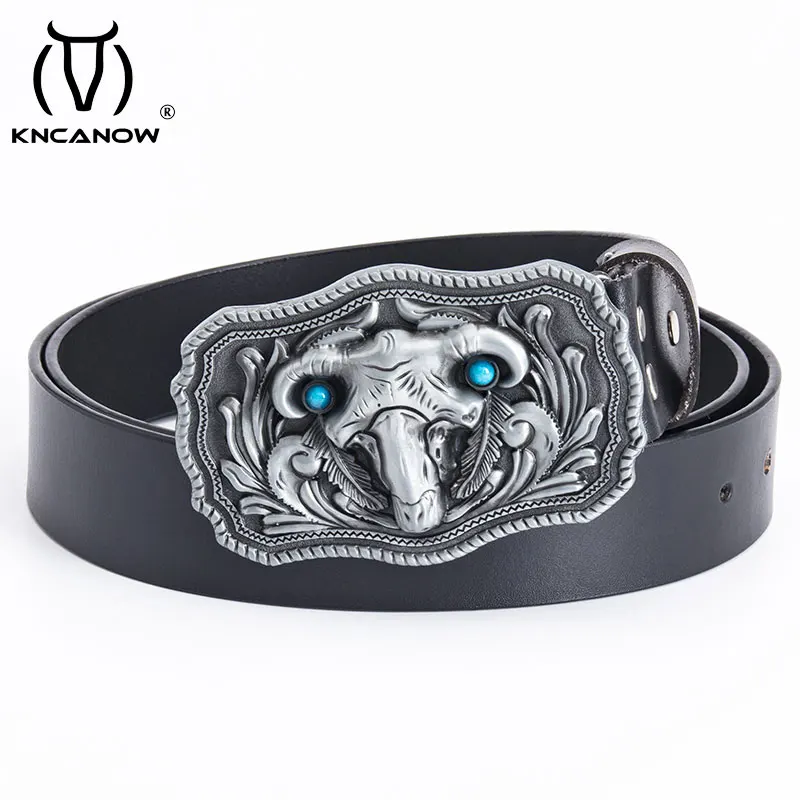 

Men's Cowboy Cowskin Leather Belt Golden Skull Bull Head Cow Cattle Pattern Metal Buckle Taurens Belts For Male Plus Size Strap