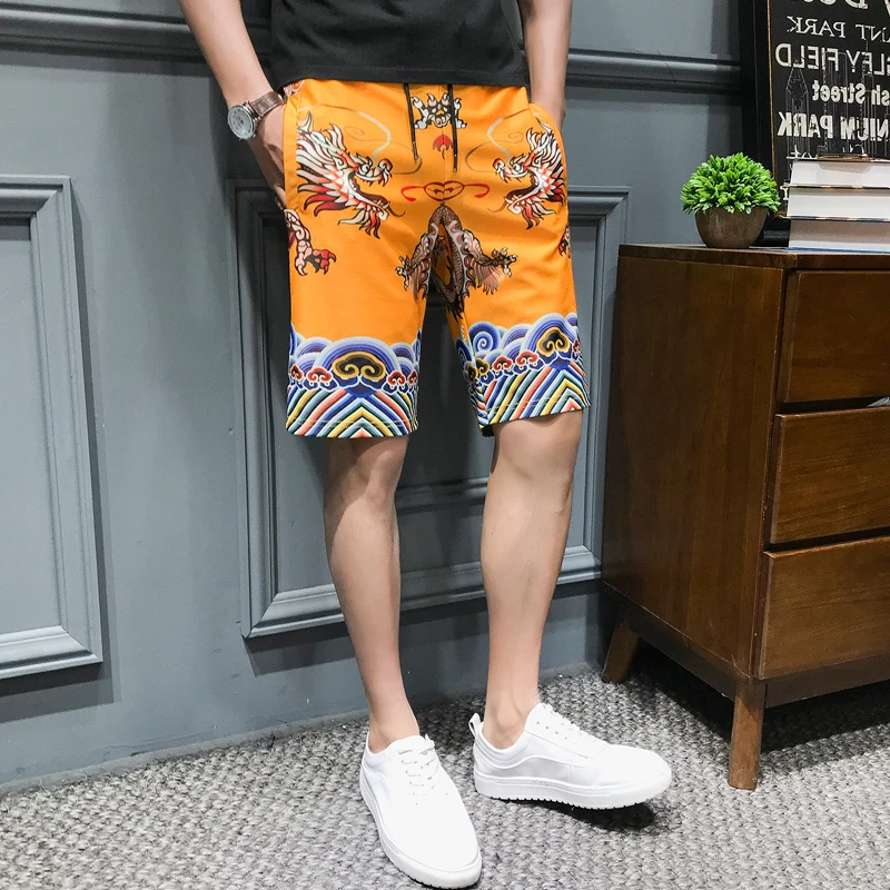 

2020 Elastic Waist Harem Cargo New Summer Dragon Printing Shorts Men Pocket Man's Trousers Short Masculino