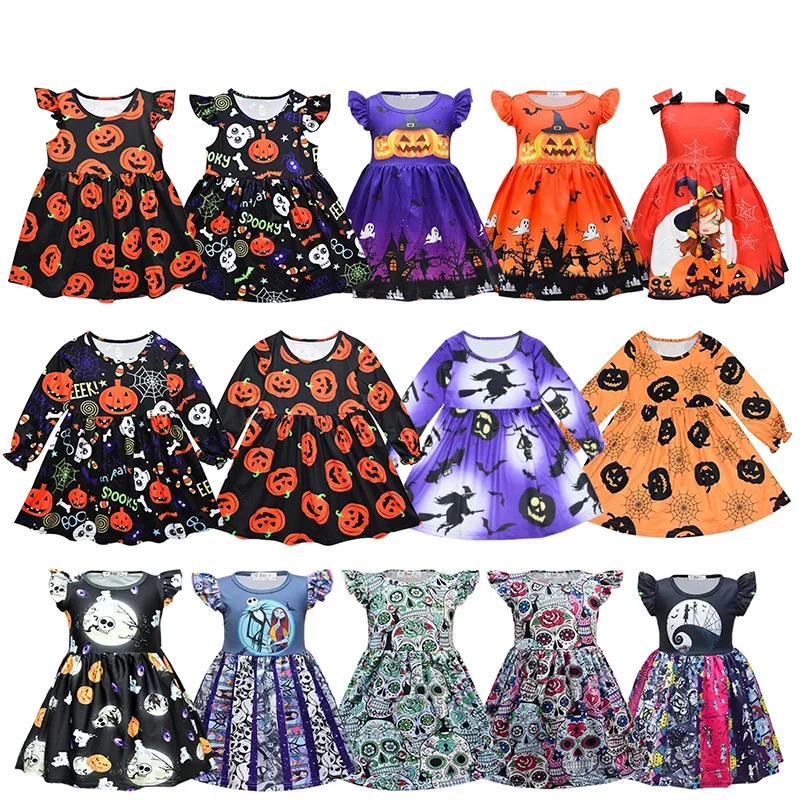 

Halloween Dress Girls Pumpkin Costume Children Girls Carnival Skull Dress Up Kids Flutter Sleeve Halloween Colorful Clothin