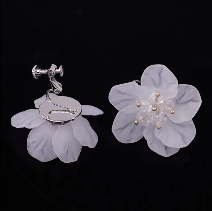 GRACE JUN Korea Style White Acrylic Flower Petal Clip on Earrings for Women New Summer Statement Screw No Pierced Earring Gift