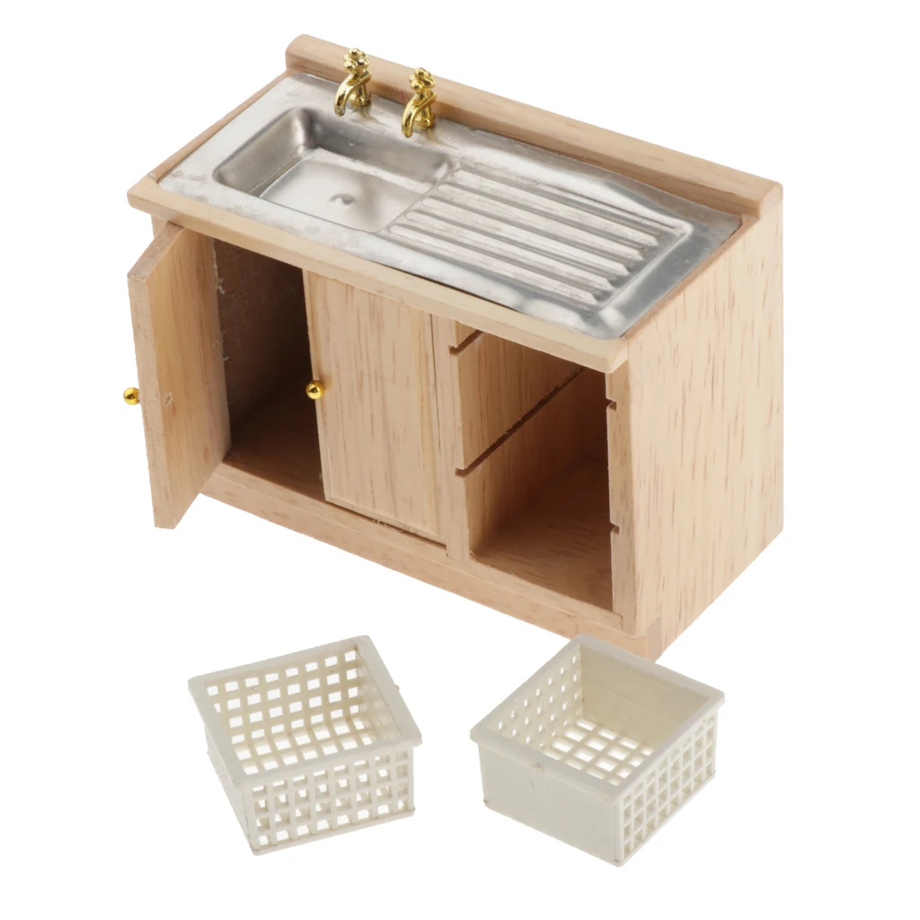 Di lusso In Legno 1/12 Dollhouse Cucina In Miniatura Armadio Lavabo Lavello Decorazioni FAI DA TE