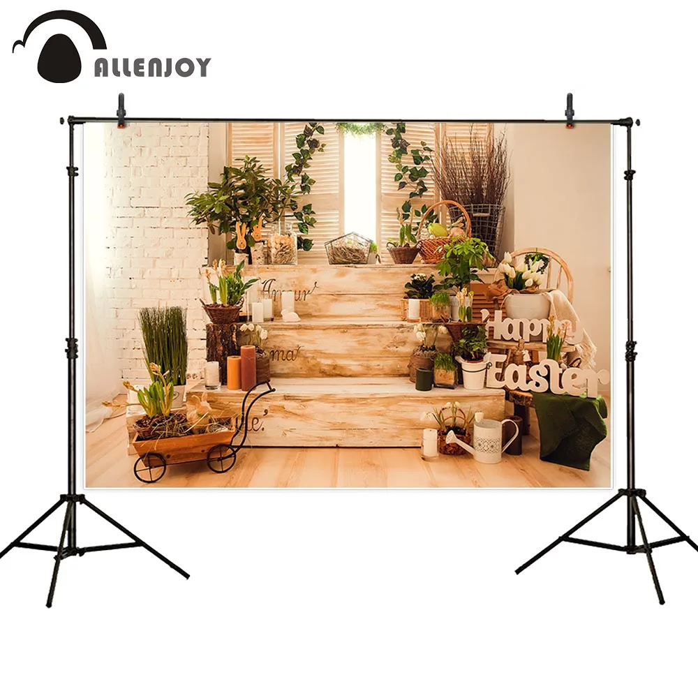 

Allenjoy happy Easter photo studio background indoor wood stairs Potted plant garden children photography backdrop photocall