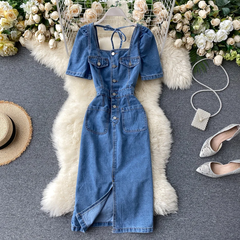 summer fashion Split denim dress package hip puff sleeve single-breasted women slim Square collar jeans dress