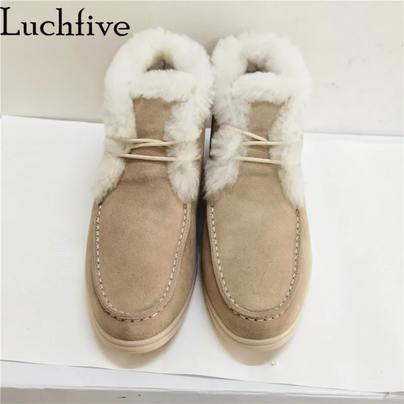 Top-level Comfort Winter Ankle Boots for Woman Real Wool Lace up Snow Boots Nude Grey Suede Leather Warm Fur Boots Woman