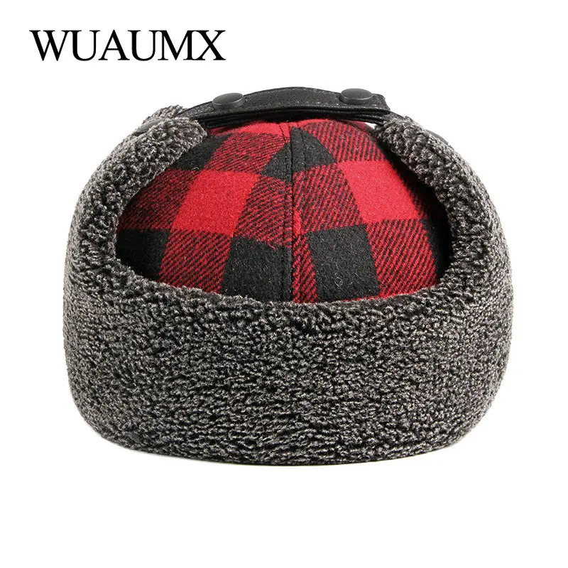 Winter Bomber Hats Men Thicken Russian Trapper Hat Earflap Baseball cap Red Black Plaid Windproof Bomber Hat For Women