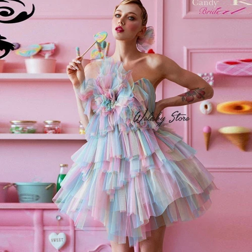 New Arrival Sweet Candy Color Tiered Ruffled Short Tull Dress Girls Colorful Strapless Party Tulle Dresses Women Custom Made