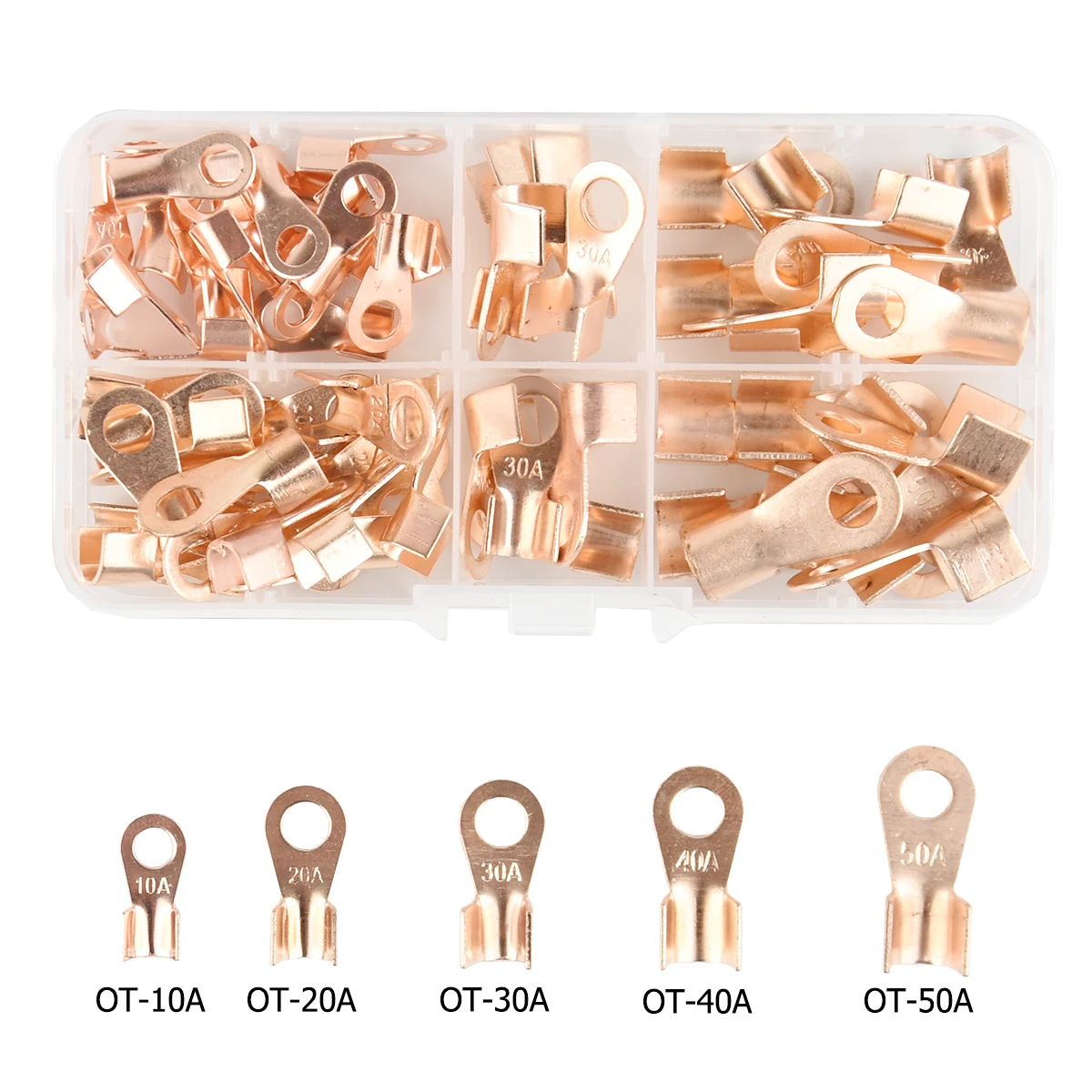 70PCS Battery Cable  Copper Open Barrel Ring Lug Terminals Connectors Assortment Kit Wire Crimp Connector OT 10A 20A 30A 40A 50A