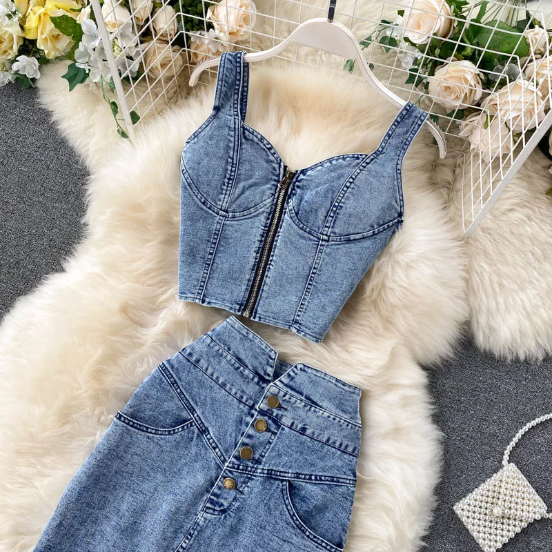 Amolapha Women Jeans Tank Vest+Skirts Sets Woman Girls Slim Denim Straps Tops Buttons Maxi Skirt Suits