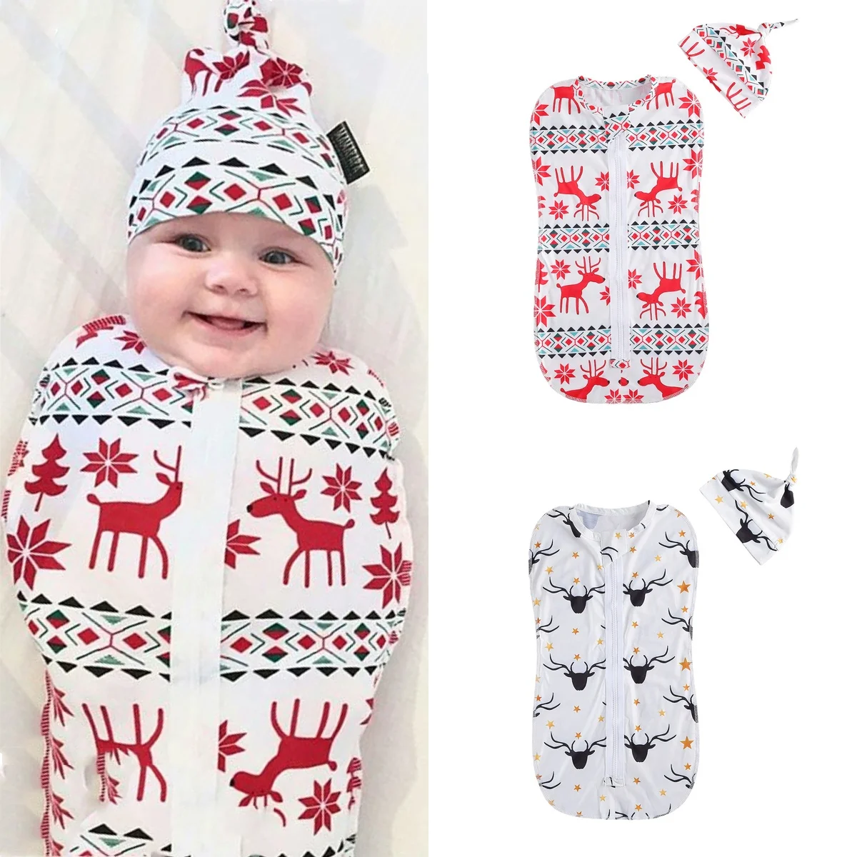 2 Chiếc Giáng Sinh Hươu Dây Kéo Túi Ngủ Bộ Cổ Tròn Thun Chăm Sóc Bé Ngủ Bỏ Túi Và Vòng Mũ 0-6 tháng