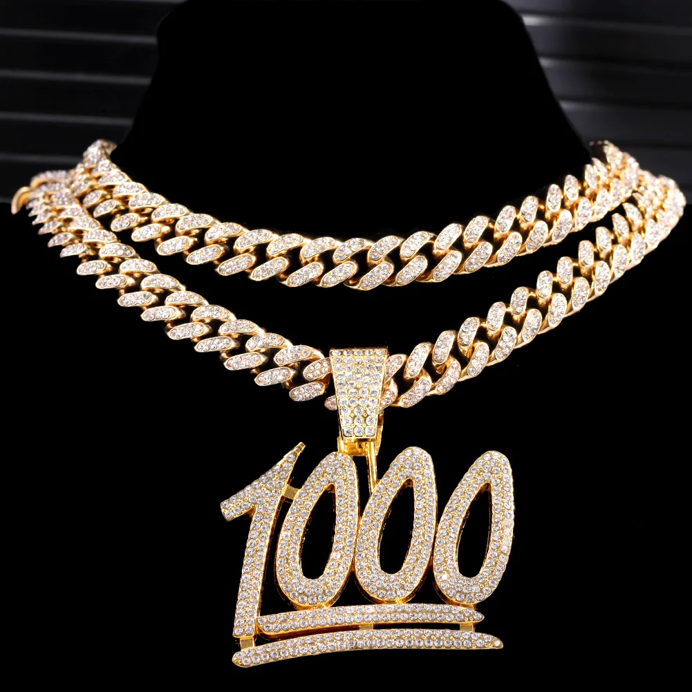 Iced Out Bling Rhinestone 1000 Number Pendant Necklace for Men Women with 13mm Crystal Miami Cuban Chain HipHop Necklace Jewelry