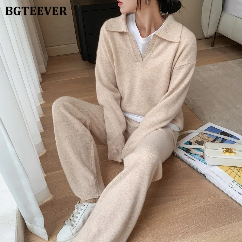 BGTEEVER Autumn Winter Ladies 2 Pieces Knitted Set V-neck Full Sleeve Pullovers & Straight Pants 2021 Loose Women Sweaters Set