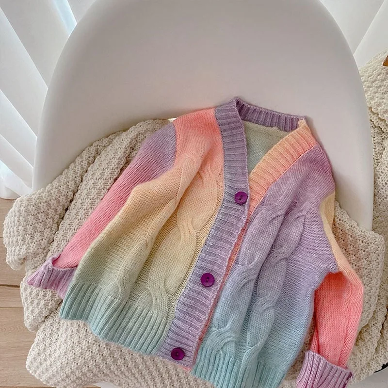 

Kids Knitwear Coat Top 1-10Y Baby Girl Knit Cardigan Tie Dye Rainbow Infant Toddler Child Sweater Outfit Clothes Baby Cardigan