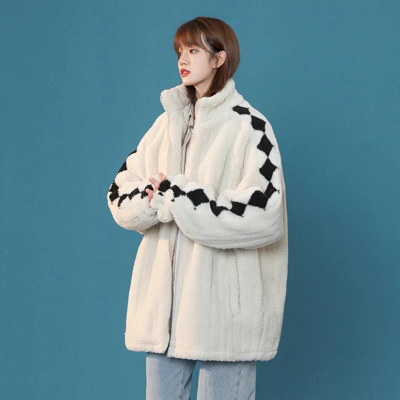 Lamb Wool Coat Women Zipper Oversize Loose Cotton Jacket 2021 New Winter Parka Plus Size Outwear Women Clothing Baseball Uniform