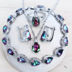 Silver 925 Women Bridal Jewelry Sets Wedding Costume Jewellery Rainbow Cubic Zirconia Earrings Rings Bracelets Pendant Necklace