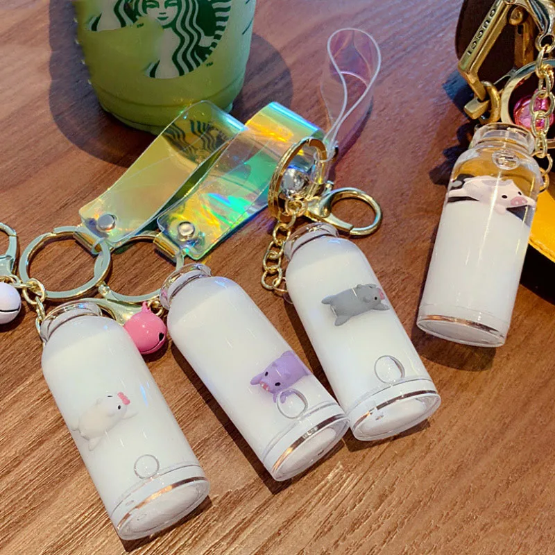 Creative Cute Floating Milk Pig Keychain For Keys Pendant Quicksand Drift Bottle Piggy Long Key Chain For Girl Bag Keyring Gifts