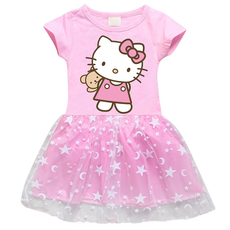 Hello Kitty Children\'s Clothing  Pure Cotton Fashion Princess Skirt Girls Cartoon Printed Net Yarn Short-Sleeved Pleated Dress