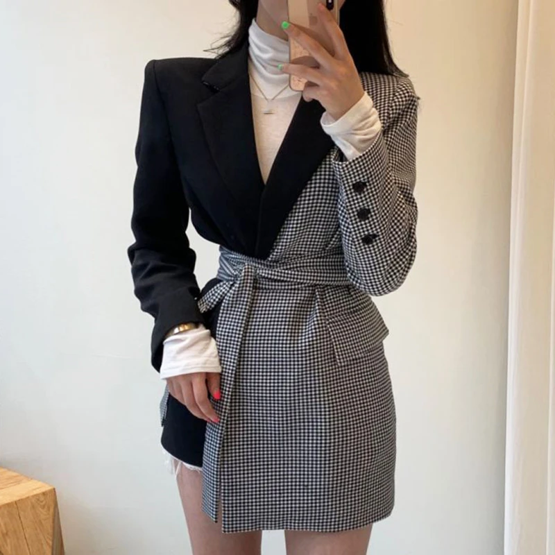 

2022 Spring Women Coat Blazer Office Lady Autumn With Belt Contrast Plaid Blazer Women Korea Tide Slim Vintage Coat Female XZ08