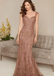 Rose Gold Mermaid Mother of the Bride Dresses Luxury Lace Beads Sheath Women Formal Ceremony Banquet Evening Prom Dresses 2022