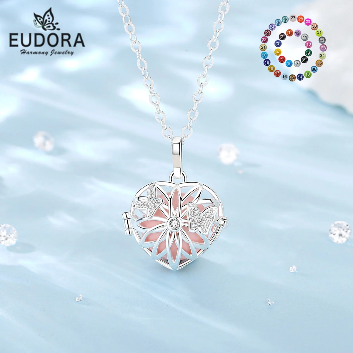 Eudora 18mm Butterfly Heart Cage Pendant Harmony Chime Ball Pregnancy Bola Angel Caller Necklace Fashion Jewelry for Maternity