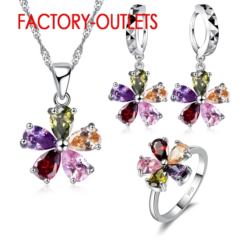 Pendant Necklace Hoop Earrings Ring Jewelry Set 925 Sterling Silver Austrian Colourful Crystal Lovers\' Gift For Anniversary