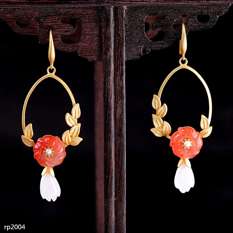 

KJJEAXCMY boutique jewelry S925 Sterling Silver Gold Plated Lady Southern Red Agate Hetian Jade Stone Earrings New