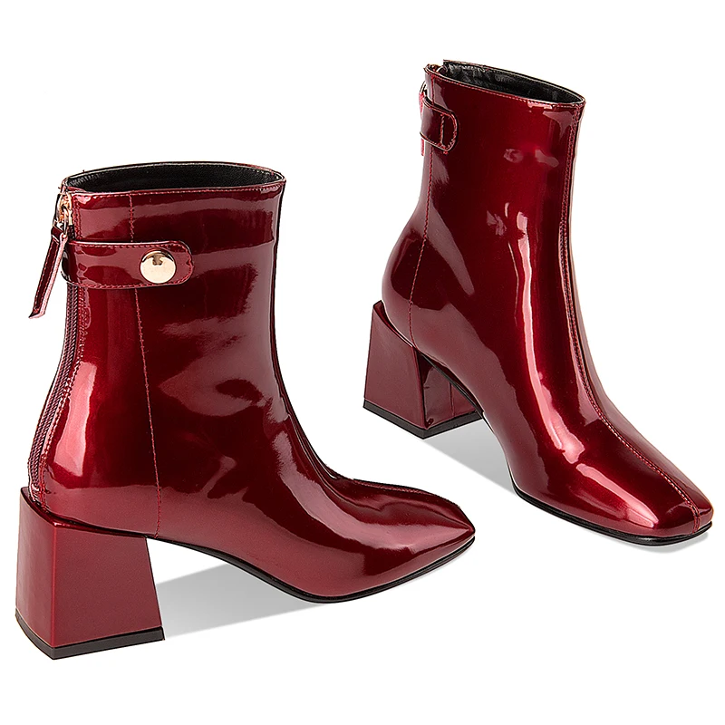 Drestrive Patent Leather Women Ankle Boots Zipper Square Toe 2021 Winter Shoes Thick High Heels Big Size 42 Wine Red