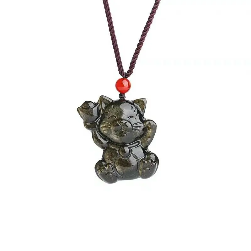 Natural Gold Obsidian Flash Light Cat Wealthy Pendant 31x22x7mm Natural Necklace Obsidan Carved Drop Shipping AAAAA