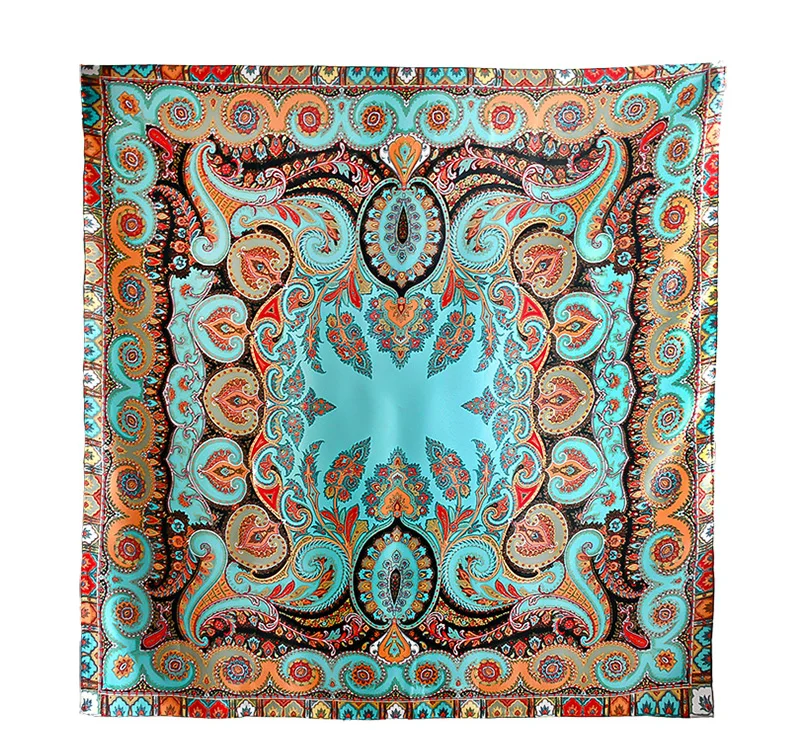 Peacock Blue Natural Satin Silk Scarf 110cm Big Square Bandana Printed 100% Pure Silk Scarves Women Luxury Shawl Gift for Lady