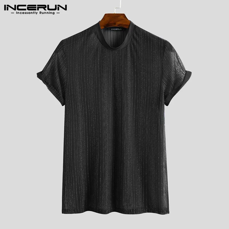 INCERUN 2023 Fashion Men Mesh T Shirt See Through Short Sleeve Slim Shiny Party Nightclub Sexy T-shirts Thin Breathable Camiseta